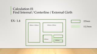 Calculation 01
Find Internal / Centerline / External Girth
EX- 1.4 225mm
112.5mm
800mm x 1200mm 1200mm x 800mm
6000mm
4000mm
 