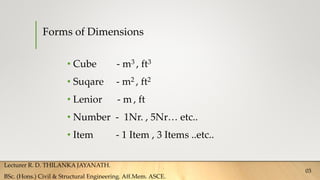 Forms of Dimensions
• Cube - m3 , ft3
• Suqare - m2 , ft2
• Lenior - m , ft
• Number - 1Nr. , 5Nr… etc..
• Item - 1 Item , 3 Items ..etc..
Lecturer R. D. THILANKA JAYANATH.
BSc. (Hons.) Civil & Structural Engineering. Aff.Mem. ASCE.
03
 