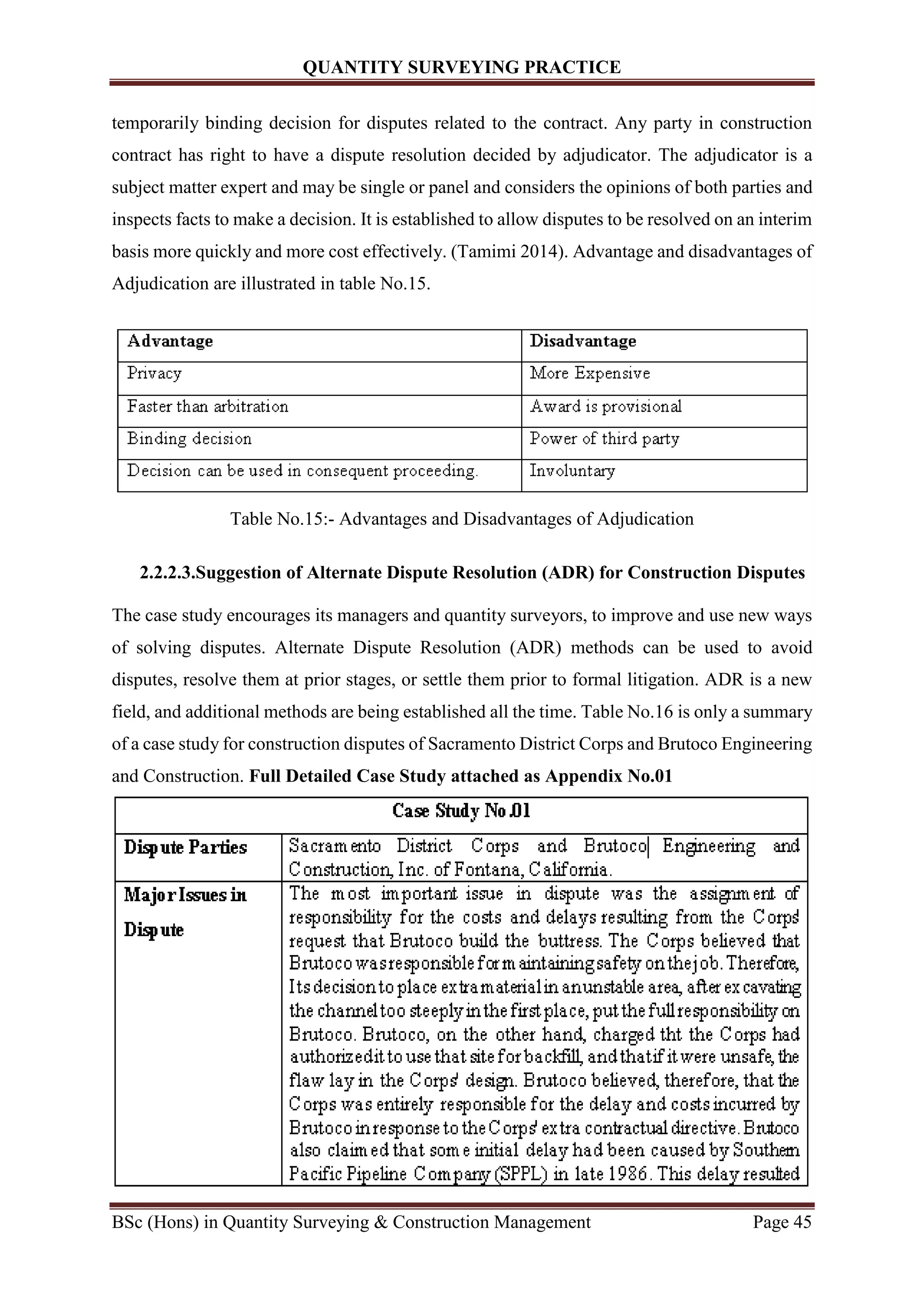 QUANTITY SURVEYING PRACTICE
BSc (Hons) in Quantity Surveying & Construction Management Page 45
temporarily binding decision for disputes related to the contract. Any party in construction
contract has right to have a dispute resolution decided by adjudicator. The adjudicator is a
subject matter expert and may be single or panel and considers the opinions of both parties and
inspects facts to make a decision. It is established to allow disputes to be resolved on an interim
basis more quickly and more cost effectively. (Tamimi 2014). Advantage and disadvantages of
Adjudication are illustrated in table No.15.
Table No.15:- Advantages and Disadvantages of Adjudication
2.2.2.3.Suggestion of Alternate Dispute Resolution (ADR) for Construction Disputes
The case study encourages its managers and quantity surveyors, to improve and use new ways
of solving disputes. Alternate Dispute Resolution (ADR) methods can be used to avoid
disputes, resolve them at prior stages, or settle them prior to formal litigation. ADR is a new
field, and additional methods are being established all the time. Table No.16 is only a summary
of a case study for construction disputes of Sacramento District Corps and Brutoco Engineering
and Construction. Full Detailed Case Study attached as Appendix No.01
 