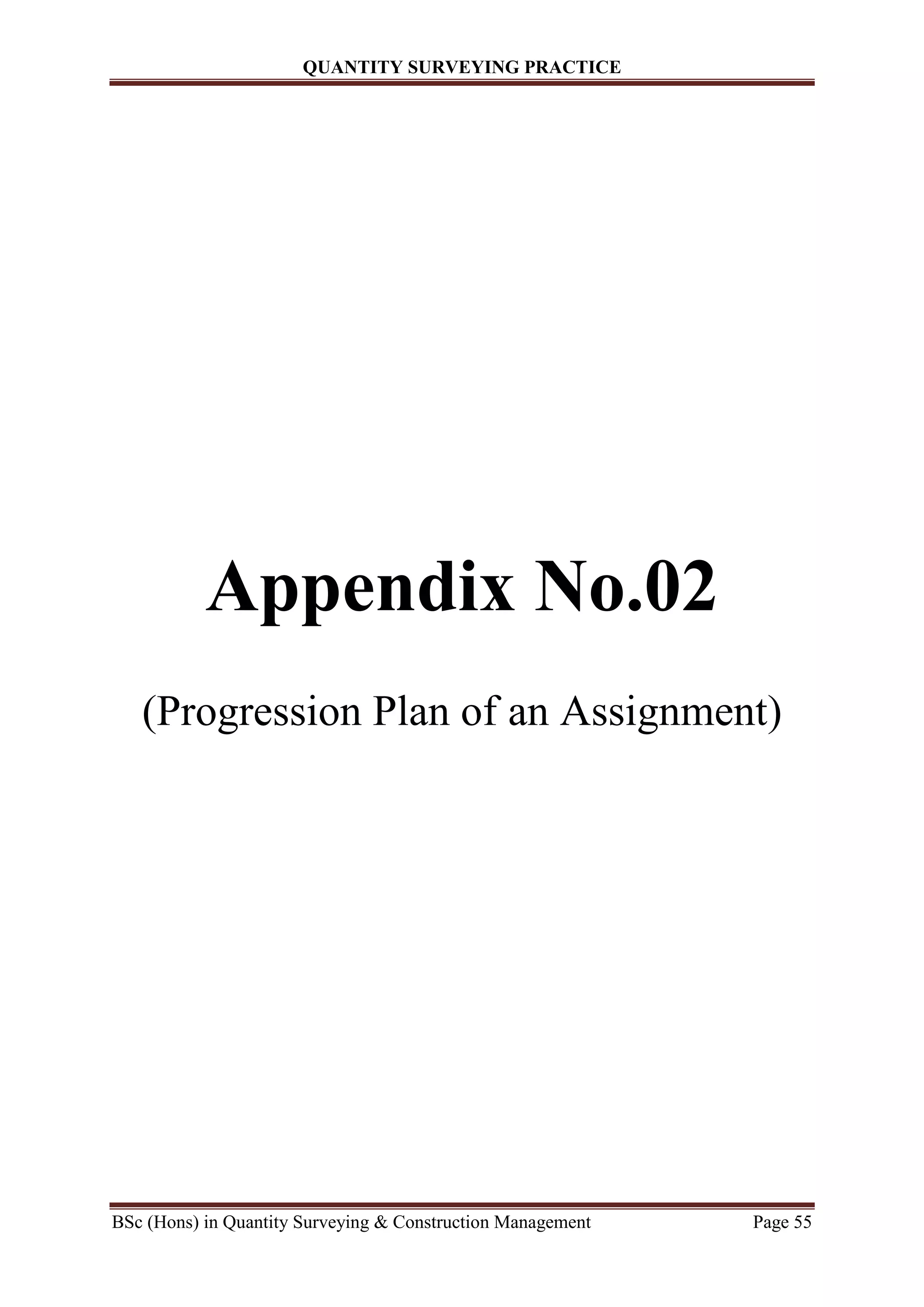 QUANTITY SURVEYING PRACTICE
BSc (Hons) in Quantity Surveying & Construction Management Page 55
Appendix No.02
(Progression Plan of an Assignment)
 
