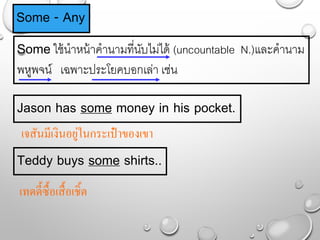 Some - Any
Someใช้นำหน้ำคำนำมที่นับไม่ได้ (uncountable N.)และคำนำม
พหูพจน์ เฉพำะประโยคบอกเล่ำ เช่น
Jason has some money in his pocket.
Teddy buys some shirts..
เจสันมีเงินอยู่ในกระเป๋ าของเขา
เทดดี้ซื้อเสื้อเชิ้ต
 
