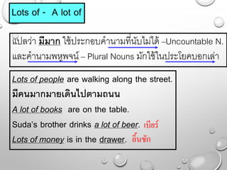 Lots of - A lot of
แปลว่ำ มีมาก ใช้ประกอบคำนำมที่นับไม่ได้ –Uncountable N.
และคำนำมพหูพจน์ – Plural Nouns มักใช้ในประโยคบอกเล่ำ
Lots of people are walking along the street.
มีคนมากมายเดินไปตามถนน
A lot of books are on the table.
Suda’s brother drinks a lot of beer.
Lots of money is in the drawer.
เบียร์
ลิ้นชัก
 