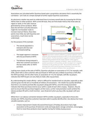                                                                           A Quantivo White Paper 

Associations are calculated within Quantivo based upon a proprietary calculation that is essentially the 
correlation.  Let’s look at a simple example to further explain Quantivo associations. 

An electronics retailer may want to understand how to increase overall sales by increasing the lift that 
HDTVs have on other products. With current BI tools, they can find simple metrics that show sales by 
region or week, or the sales revenue 
generated by various products. What 
does this tell them and what decisions 
might the merchandiser make to 
increase revenue? Alone, these data 
points mean little, but with Quantivo and 
associations, much more can be 
understood.  

For the purpose of this example: 

    »   The overall population is 
        everyone who has ever 
        purchased anything. 

    »   The target segment is everyone          Figure 3: Association compares behavior in a specific segment, such as 
        who has purchased an HDTV.              everyone who previously purchased an HDTV, to the overall population 
                                                of all customers. Positive associations suggest a correlation between the 
                                                behavior being analyzed and the target segment, while negative 
    »   The behavior being analyzed is          associations indicate a repulsive correlation.  Buyers of HDTVs have a 
        what else customers purchase in         positive association to the purchase of a Blu‐ray player, but a negative 
        the two weeks after an HDTV             association to the purchase of a VCR.  The association between the 
        purchase.                               purchase of an HDTV and the purchase of bananas is at or near zero, 
                                                since there is no correlation between these two behaviors. 
Looking more closely at the sales of HDTVs, Quantivo calculates an association of ‐8.7, for example, with 
VCRs, which tells us that customers who purchased an HDTV are very unlikely to purchase a VCR after 
the HDTV purchase. On the other hand, an association of +7.6, for example, with Blu‐ray players 
indicates that HDTV buyers are very likely to make a Blu‐ray purchase. 

By understanding this simple affinity – which is difficult for standard tools to calculate, especially as data 
volumes grow into the tens or hundreds of millions of transactions – the retailer has quickly identified 
that there is no need to promote Blu‐ray players along with HDTVs, since the strong association 
indicates that these purchases tend to occur within a week of each other anyway.  However, they do 
want to ensure that the purchase happens at their store, so their next promotion could combine this 
obvious product lift with a small incentive:  save 10 percent when you buy a Blu‐ray player with your 
HDTV! 

While there is an obvious connection between HDTVs and Blu‐ray players, especially to those who 
already own HDTVs, Quantivo customers have been able to quickly identify other, less obvious but more 
valuable examples, such as: 

    »   A home improvement retailer discovered that buyers of holiday decorations had a high 
        association to the purchase of extension cords and large plastic storage containers, encouraging 
        them to move these products closer together during the holiday buying season. 


© Quantivo 2010                                                                                                  Page 6 
 