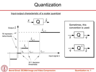 Quantization
           Input-output characteristic of a scalar quantizer


                               x                        ˆ
                                                        x
                                            Q                                Sometimes, this
       Output   ˆ
                x                                                            convention is used:
                                                 ˆ
                                                 xq  2
M represen-
tative levels
                                                                             x     Q         q
                                    ˆ
                                    xq 1

                          ˆ
                          xq                                                            -1
                                                t q+2                        q      Q x
                                                                                      ˆ
                     tq            t q+1
                                                            input signal x


                               M-1 decision
                               thresholds


        Bernd Girod: EE398A Image and Video Compression                           Quantization no. 1
 