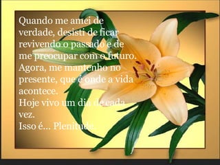 Quando me amei de verdade, desisti de ficar revivendo o passado e de me preocupar com o futuro.  Agora, me mantenho no presente, que é onde a vida acontece. Hoje vivo um dia de cada vez.  Isso é... Plenitude. 