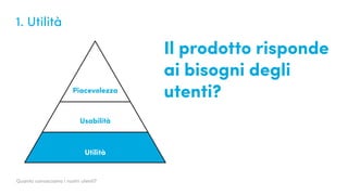 Il prodotto risponde
ai bisogni degli
utenti?
Quanto conosciamo i nostri utenti?
1. Utilità
Usabilità
Piacevolezza
Utilità
 