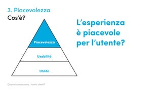 Quanto conosciamo i nostri utenti?
3. Piacevolezza
Cos’è?
Utilità
Usabilità
Piacevolezza
L’esperienza
è piacevole
per l’utente?
 