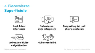 Multisensorialità
Naturalezza
delle interazioni
Look & feel
interfaccia
Animazioni ﬂuide
e signiﬁcative
Copywriting dei testi
chiaro e naturale
Da “Design for emotions” di Aaron WalterQuanto conosciamo i nostri utenti?
3. Piacevolezza
Superficiale
 