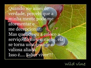 Quando me amei de verdade, percebi que a minha mente pode me atormentar e me decepcionar. Mas quando eu a coloco a serviço do meu coração, ela se torna uma grande e valiosa aliada. Isso é.... Saber viver!!! 