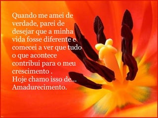 Quando me amei de verdade, parei de desejar que a minha vida fosse diferente e comecei a ver que tudo o que acontece contribui para o meu crescimento . Hoje chamo isso de... Amadurecimento. 