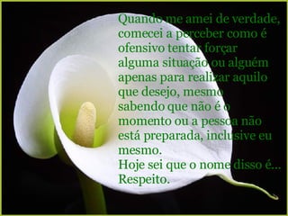 Quando me amei de verdade, comecei a perceber como é ofensivo tentar forçar alguma situação ou alguém apenas para realizar aquilo que desejo, mesmo sabendo que não é o momento ou a pessoa não está preparada, inclusive eu mesmo. Hoje sei que o nome disso é... Respeito. 