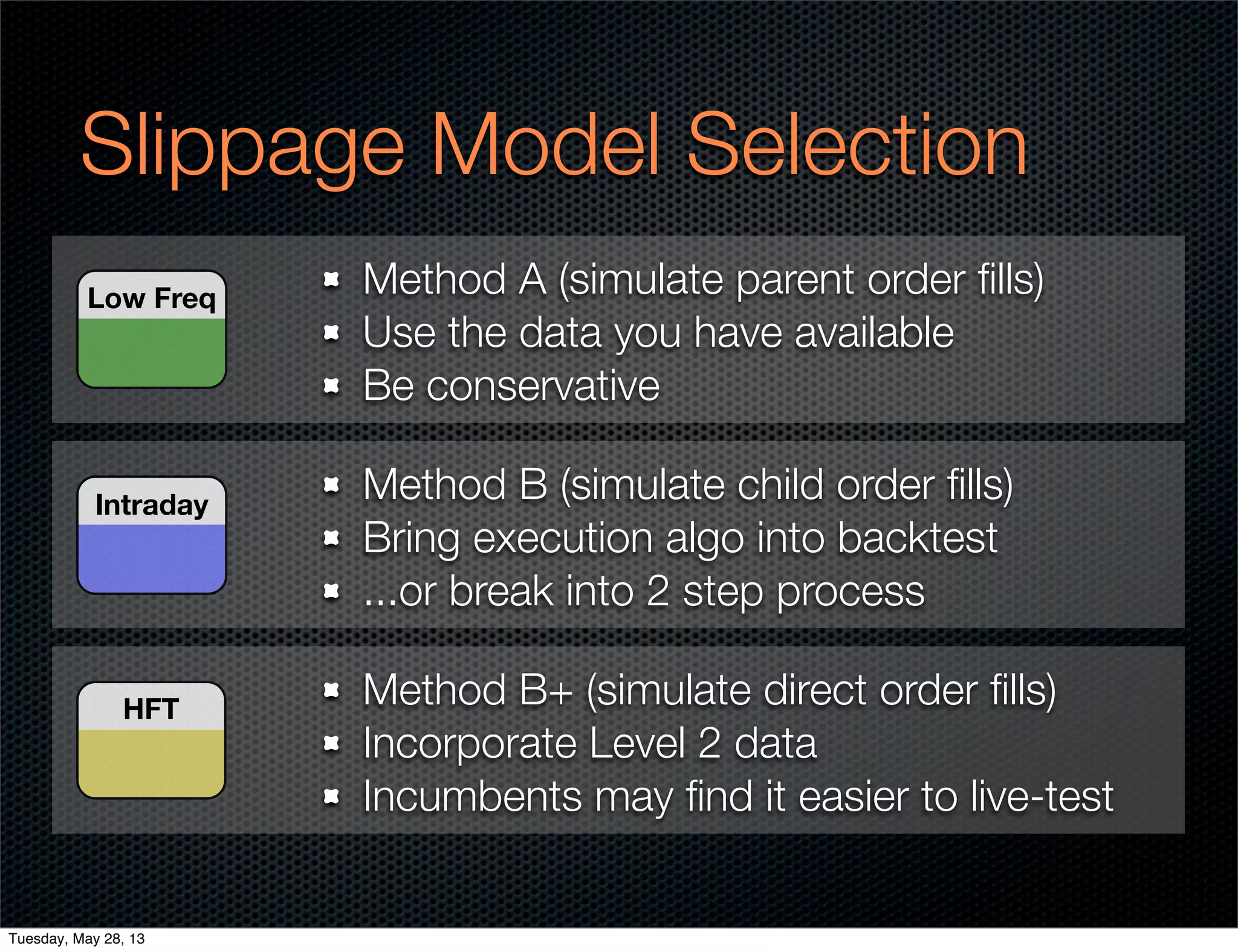 Slippage Model Selection
Low Freq
Method A (simulate parent order ﬁlls)
Use the data you have available
Be conservative
Intraday
Method B (simulate child order ﬁlls)
Bring execution algo into backtest
...or break into 2 step process
HFT
Method B+ (simulate direct order ﬁlls)
Incorporate Level 2 data
Incumbents may ﬁnd it easier to live-test
Tuesday, May 28, 13
 