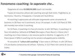 Fenomeno coaching:  lo sapevate che   Sappiamo di circa  43.000/44.000  coach nel mondo. I paesi di massimo utilizzo del coaching sono gli Stati Uniti, lInghilterra, la Germania, lAustria, Il Giappone, il Canada ed il Sud Africa. Il coaching  apprezzato ed utilizzato largamente come strumento di business in 28 Paesi nei 5 continenti, di cui 14 europei. In altri 114 Paesi (il 70% del mondo) non esiste il coaching. In 33 Paesi, il coaching  in fase di crescita. In altri 50 Paesi, il coaching  in fase introduttiva. Soltanto di  2 Paesi  (Norvegia e Paesi Bassi) si ritiene che il coaching sia in fase matura, e da nessuna parte in declino. In aggiunta, in 77 Paesi (quasi il 50%) il coaching non ha ancora sviluppato piena visibilit. Il concetto di  cultura del coaching   ben noto in 19 Paesi. In altri 29 Paesi c una buona conoscenza ed utilizzo. Tuttavia, in 111 Paesi non sanno di cosa si tratta. 