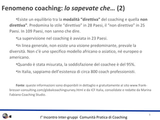 Fenomeno coaching:  lo sapevate che  (2) Esiste un equilibrio tra la  modalit direttiva  del coaching e quella  non direttiva . Predomina lo stile direttivo in 28 Paesi, il non direttivo in 25 Paesi. In 109 Paesi, non sanno che dire. La supervisione nel coaching  avviata in 23 Paesi. In linea generale, non esiste una visione predominante, prevale la diversit. Non c uno specifico modello africano o asiatico, n europeo o americano. Quando  stata misurata, la soddisfazione del coachee  del 95%. In Italia, sappiamo dellesistenza di circa 800 coach professionisti. Fonte : queste informazioni sono disponibili in dettaglio e gratuitamente al sito www.frank-bresser-consulting.com/globalcoachingsurvey.html e da ICF Italia, consolidate e redatte da Marina Fabiano Coaching Studio. 