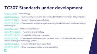 TC307 Standards under development
ISO/CD 22739 -- Terminology
ISO/NP TR 23244 -- Overview of privacy and personally identi...