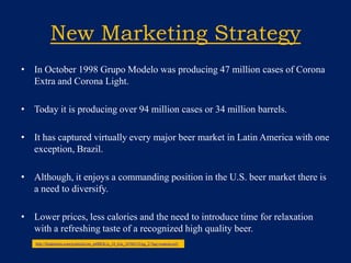 New Marketing StrategyIn October 1998 Grupo Modelo was producing 47 million cases of Corona Extra and Corona Light.Today it is producing over 94 million cases or 34 million barrels.It has captured virtually every major beer market in Latin America with one exception, Brazil.Although, it enjoys a commanding position in the U.S. beer market there is a need to diversify. Lower prices, less calories and the need to introduce time for relaxation with a refreshing taste of a recognized high quality beer.http://findarticles.com/p/articles/mi_m0BEK/is_10_6/ai_54760153/pg_2/?tag=content;col1