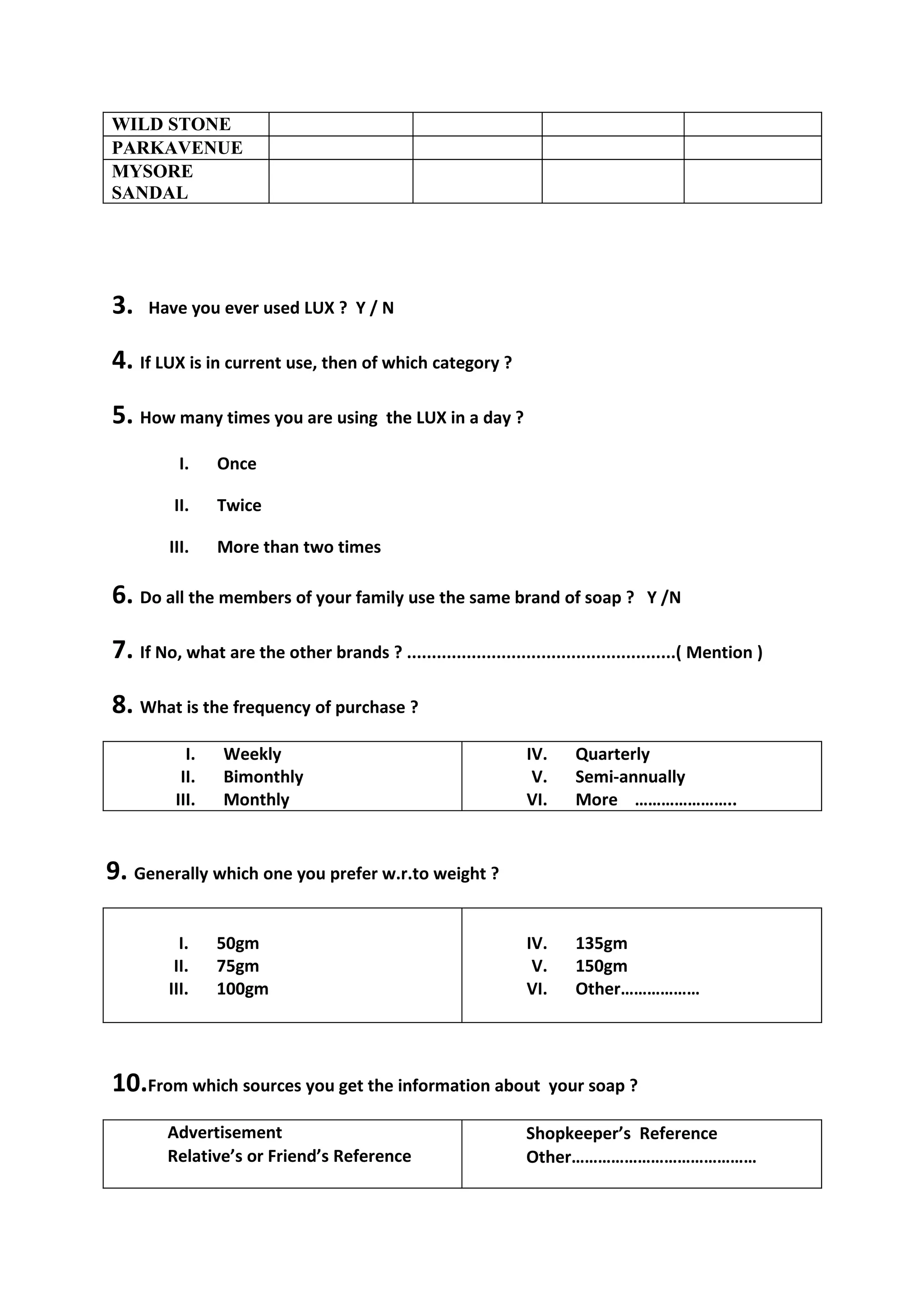 WILD STONE
PARKAVENUE
MYSORE
SANDAL




3.   Have you ever used LUX ? Y / N

4. If LUX is in current use, then of which category ?
5. How many times you are using            the LUX in a day ?

          I.     Once

         II.     Twice

         III.    More than two times

6. Do all the members of your family use the same brand of soap ?                    Y /N

7. If No, what are the other brands ? ......................................................( Mention )
8. What is the frequency of purchase ?
            I.   Weekly                                          IV.      Quarterly
           II.   Bimonthly                                        V.      Semi-annually
          III.   Monthly                                         VI.      More …………………..


9. Generally which one you prefer w.r.to weight ?

          I.     50gm                                            IV.      135gm
         II.     75gm                                             V.      150gm
        III.     100gm                                           VI.      Other………………




10.From which sources you get the information about                    your soap ?

        Advertisement                                            Shopkeeper’s Reference
        Relative’s or Friend’s Reference                         Other……………………………………
 