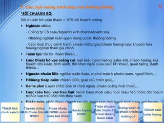 F. Caùc kyõ naêng trình baøy vaø thöông löôïng
*SÖÏ CHUAÅN BÒ:
Söï chuaån bò caån thaän = 50% söï thaønh coâng
 Nghieân cöùu:
- Coâng ty: Cô caáu/Ngaønh kinh doanh/doanh soá,…
- Nhöõng ngöôøi lieân quan trong cuoäc thöông löôïng
- Caùc ñoái thuû caïnh tranh: chieán löôïc/giaù/chaøo haøng/caùc khoaûn hoa
hoàng/ngöôøi tham gia chính
 Taâm lyù: töï tin, thaân thieän,…
 Caùc thieát bò vaø coâng cuï: taøi lieäu baùn haøng (sales-kit), chaøo haøng, keá
hoaïch döï kieán, hình aûnh, thö khen ngôïi cuûa caùc KH khaùc, quaø taëng, danh
thieáp,…
 Nguoàn nhaân löïc: ngöôøi daãn ñaàu, ai phuï traùch phaàn naøo, ngoaïi hình,…
 Höôùng tieáp caän: chieán löôïc, giaù caû, troïn goùi,…
 Game plan (Luaät chôi): boá trí choã ngoài, phaân coâng ñoái thoaïi,…
 Caùc caâu hoûi vaø traû lôøi: ñaûm baûo moãi caâu hoûi ñeàu ñaõ ñöôïc döï ñoaùn
tröôùc vaø traû lôøi nhö theá naøo
 Dieãn taäp: nhôù ñieàu chænh sau khi dieãn taäp ñeå buoåi trình baøy seõ hoaøn
haûo hôn
V
Thieát keá
chính saùch
Tuyeån duïng
& Choïn löïa
NVBH
Hoaø nhaäp
NVBH môùi
vaøo toå chöùc
Huaán luyeän
NVBH
Tieâu chuaån
Thöïc hieän BH
& heä thoáng
baùo caùo
Ñoäng vieân &
phaùt trieån
ñoäinguõ
Giaùm saùt
baùn haøng
 
