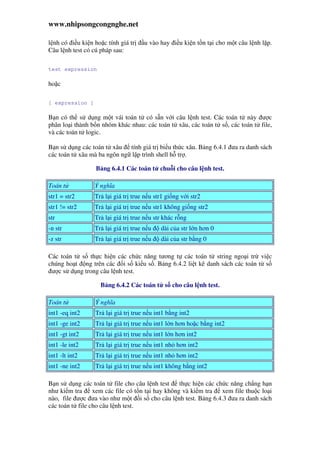 www.nhipsongcongnghe.net
l nh có i u ki n ho c tính giá tr u vào hay i u ki n t n t i cho m t câu l nh l p.
Câu l nh test có cú pháp sau:
test expression
ho c
[ expression ]
B n có th s d ng m t vái toán t có s n v i câu l nh test. Các toán t này ư c
phân lo i thành b n nhóm khác nhau: các toán t xâu, các toán t s , các toán t file,
và các toán t logic.
B n s d ng các toán t xâu tính giá tr bi u th c xâu. B ng 6.4.1 ưa ra danh sách
các toán t xâu mà ba ngôn ng l p trình shell h tr .
B ng 6.4.1 Các toán t chu i cho câu l nh test.
Toán t Ý nghĩa
str1 = str2 Tr l i giá tr true n u str1 gi ng v i str2
str1 != str2 Tr l i giá tr true n u str1 không gi ng str2
str Tr l i giá tr true n u str khác r ng
-n str Tr l i giá tr true n u dài c a str l n hơn 0
-z str Tr l i giá tr true n u dài c a str b ng 0
Các toán t s th c hi n các ch c năng tương t các toán t string ngo i tr vi c
chúng ho t ng trên các i s ki u s . B ng 6.4.2 li t kê danh sách các toán t s
ư c s d ng trong câu l nh test.
B ng 6.4.2 Các toán t s cho câu l nh test.
Toán t Ý nghĩa
int1 -eq int2 Tr l i giá tr true n u int1 b ng int2
int1 -ge int2 Tr l i giá tr true n u int1 l n hơn ho c b ng int2
int1 -gt int2 Tr l i giá tr true n u int1 l n hơn int2
int1 -le int2 Tr l i giá tr true n u int1 nh hơn int2
int1 -lt int2 Tr l i giá tr true n u int1 nh hơn int2
int1 -ne int2 Tr l i giá tr true n u int1 không b ng int2
B n s d ng các toán t file cho câu l nh test th c hi n các ch c năng ch ng h n
như ki m tra xem các file có t n t i hay không và ki m tra xem file thu c lo i
nào, file ư c ưa vào như m t i s cho câu l nh test. B ng 6.4.3 ưa ra danh sách
các toán t file cho câu l nh test.
 