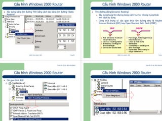 Trung tâm Tin học Bách khoa Aptech
@Bách Khoa Aptech 2004 Trang 85
Cấu hình Windows 2000 Router
Xây dựng bảng tìm đường Tĩnh bằng cách tạo bảng tìm đường (Static
Routing)
Trung tâm Tin học Bách khoa Aptech
@Bách Khoa Aptech 2004 Trang 86
Cấu hình Windows 2000 Router
Tìm đường động(Dynamic Routing)
Xây dựng bảng tìm đường bằng cách học hỏi những mạng khác
một cách tự động
Dùng một trong số các giao thức tìm đường như là Routing
Internet Protocol (RIP) hay Open Shortest Path First (OSPF).
Trung tâm Tin học Bách khoa Aptech
@Bách Khoa Aptech 2004 Trang 87
Cấu hình Windows 2000 Router
Cài giao thức RIP
Trung tâm Tin học Bách khoa Aptech
@Bách Khoa Aptech 2004 Trang 88
Cấu hình Windows 2000 Router
 