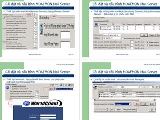 Trung tâm Tin học Bách khoa Aptech
@Bách Khoa Aptech 2004 Trang 133
Cài đặt và cấu hình MDAEMON Mail Server
Thiết lập miền mail chính(Primary Domain):Setup/Primary Domain
Trung tâm Tin học Bách khoa Aptech
@Bách Khoa Aptech 2004 Trang 134
Cài đặt và cấu hình MDAEMON Mail Server
Thiết lập những miền mail khác(Secondary Domain):Setup/Secondary
Domain - Nếu công ty có nhiều miền Mail
Trung tâm Tin học Bách khoa Aptech
@Bách Khoa Aptech 2004 Trang 135
Cài đặt và cấu hình MDAEMON Mail Server
Thiết lập Webmail : Setup/WorldClient Server, cho phép user
nhận/gởi mail thông qua Web
Trung tâm Tin học Bách khoa Aptech
@Bách Khoa Aptech 2004 Trang 136
Cài đặt và cấu hình MDAEMON Mail Server
Quản lý tài khoản mail : Accounts/Account Managers
 