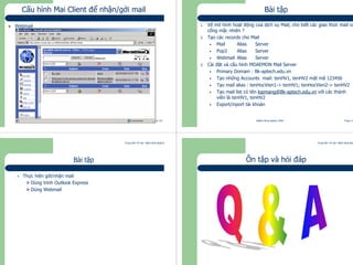 Trung tâm Tin học Bách khoa Aptech
@Bách Khoa Aptech 2004 Trang 141
Cấu hình Mai Client để nhận/gởi mail
Webmail
Trung tâm Tin học Bách khoa Aptech
@Bách Khoa Aptech 2004 Trang 142
Bài tập
1. Vẽ mô hình hoạt động của dịch vụ Mail, cho biết các giao thức mail và
cổng mặc nhiên ?
2. Tạo các records cho Mail
• Mail Alias Server
• Pop3 Alias Server
• Webmail Alias Server
3. Cài đặt và cấu hình MDAEMON Mail Server
• Primary Domain : Bk-aptech.edu.vn
• Tạo những Accounts mail: tenHV1, tenHV2 mật mã 123456
• Tạo mail alias : tenHocVien1-> tenHV1; tenHocVien2-> tenHV2
• Tạo mail list có tên lopmang@Bk-aptech.edu.vn với các thành
viên là tenHV1, tenHV2
• Export/inport tài khoản
Trung tâm Tin học Bách khoa Aptech
@Bách Khoa Aptech 2004 Trang 143
Bài tập
• Thực hiện gởi/nhận mail
Dùng trình Outlook Express
Dùng Webmail
Trung tâm Tin học Bách khoa Aptech
@Bách Khoa Aptech 2004 Trang 144
Ôn tập và hỏi đáp
 