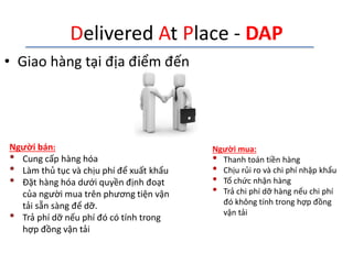 Delivered At Place - DAP
• Giao hàng tại địa điểm đến
Người bán:
• Cung cấp hàng hóa
• Làm thủ tục và chịu phí để xuất khẩu
• Đặt hàng hóa dưới quyền định đoạt
của người mua trên phương tiện vận
tải sẵn sàng để dỡ.
• Trả phí dỡ nếu phí đó có tính trong
hợp đồng vận tải
Người mua:
• Thanh toán tiền hàng
• Chịu rủi ro và chi phí nhập khẩu
• Tổ chức nhận hàng
• Trả chi phí dỡ hàng nếu chi phí
đó không tính trong hợp đồng
vận tải
 