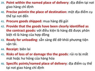 39. Point within the named place of delivery: địa điểm tại nơi
giao hàng chỉ định
40. Precise pointin the place of destination: một địa điểm cụ
thể tại nơi đến
41. Procure goods shipped: mua hàng đã gửi
42. Provide that the goods have been clearly identified as
the contract goods: với điều kiện là hàng đã được phân
biệt rõ là hàng của hợp đồng
43. Ready for unloading: sẵn sàng để dỡ khỏi phương tiện
vận tải.
44. Receipt: biên lai
45. Risks of loss of or damage tho the goods: rủi ro bị mất
mát hoặc hư hỏng của hàng hóa
46. Specific points/named place of delivery: địa điểm cụ thể
tại nơi giao hàng chỉ định
 