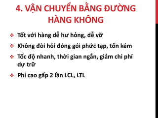 4. VẬN CHUYỂN BẰNG ĐƯỜNG
HÀNG KHÔNG
 Tốt với hàng dễ hư hỏng, dễ vỡ
 Không đòi hỏi đóng gói phức tạp, tốn kém
 Tốc độ nhanh, thời gian ngắn, giảm chi phí
dự trữ
 Phí cao gấp 2 lần LCL, LTL
 