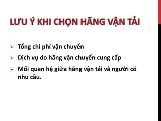  Tổng chi phí vận chuyển
 Dịch vụ do hãng vận chuyển cung cấp
 Mối quan hệ giữa hãng vận tải và người có
nhu cầu.
 