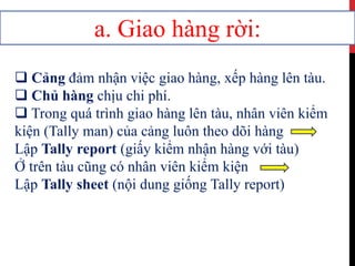 a. Giao hàng rời:
 Cảng đảm nhận việc giao hàng, xếp hàng lên tàu.
 Chủ hàng chịu chi phí.
 Trong quá trình giao hàng lên tàu, nhân viên kiểm
kiện (Tally man) của cảng luôn theo dõi hàng
Lập Tally report (giấy kiểm nhận hàng với tàu)
Ở trên tàu cũng có nhân viên kiểm kiện
Lập Tally sheet (nội dung giống Tally report)
 
