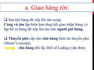 a. Giao hàng rời:
 Sau khi hàng đã xếp lên tàu xong:
Cảng và tàu lập biên bản tổng kết giao nhận hàng và
lập hồ sơ hàng đã xếp lên tàu cho người gửi hàng.
 Thuyền phó cấp cho chủ hàng biên lai thuyền phó
(Maste’s receipt).
chủ hàng đổi lấy Bill of Lading (vận đơn).
 