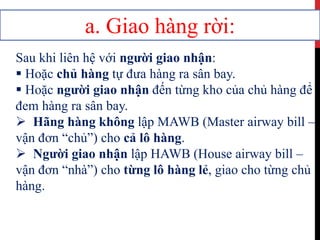 a. Giao hàng rời:
Sau khi liên hệ với người giao nhận:
 Hoặc chủ hàng tự đưa hàng ra sân bay.
 Hoặc người giao nhận đến từng kho của chủ hàng để
đem hàng ra sân bay.
 Hãng hàng không lập MAWB (Master airway bill –
vận đơn “chủ”) cho cả lô hàng.
 Người giao nhận lập HAWB (House airway bill –
vận đơn “nhà”) cho từng lô hàng lẻ, giao cho từng chủ
hàng.
 