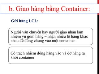 b. Giao hàng bằng Container:
Người vận chuyển hay người giao nhận làm
nhiệm vụ gom hàng – nhận nhiều lô hàng khác
nhau để đóng chung vào một container.
Có trách nhiệm đóng hàng vào và dỡ hàng ra
khỏi container.
Gửi hàng LCL:
 