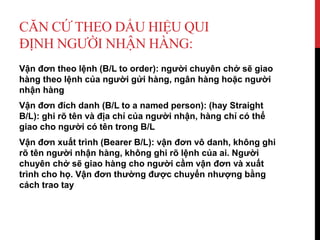 CĂN CỨ THEO DẤU HIỆU QUI
ĐỊNH NGƯỜI NHẬN HÀNG:
Vận đơn theo lệnh (B/L to order): người chuyên chở sẽ giao
hàng theo lệnh của người gửi hàng, ngân hàng hoặc người
nhận hàng
Vận đơn đích danh (B/L to a named person): (hay Straight
B/L): ghi rõ tên và địa chỉ của người nhận, hàng chỉ có thể
giao cho người có tên trong B/L
Vận đơn xuất trình (Bearer B/L): vận đơn vô danh, không ghi
rõ tên người nhận hàng, không ghi rõ lệnh của ai. Người
chuyên chở sẽ giao hàng cho người cầm vận đơn và xuất
trình cho họ. Vận đơn thường được chuyển nhượng bằng
cách trao tay
 
