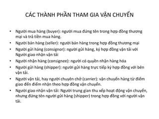 CÁC THÀNH PHẦN THAM GIA VẬN CHUYỂN
• Người mua hàng (buyer): người mua đứng tên trong hợp đồng thương
mại và trả tiền mua hàng.
• Người bán hàng (seller): người bán hàng trong hợp đồng thương mại
• Người gửi hàng (consignor): người gửi hàng, ký hợp đồng vận tải với
Người giao nhận vận tải
• Người nhận hàng (consignee): người có quyền nhận hàng hóa
• Người gửi hàng (shipper): người gửi hàng trực tiếp ký hợp đồng với bên
vận tải.
• Người vận tải, hay người chuyên chở (carrier): vận chuyển hàng từ điểm
giao đến điểm nhận theo hợp đồng vận chuyển.
• Người giao nhận vận tải: Người trung gian thu xếp hoạt động vận chuyển,
nhưng đứng tên người gửi hàng (shipper) trong hợp đồng với người vận
tải.
 