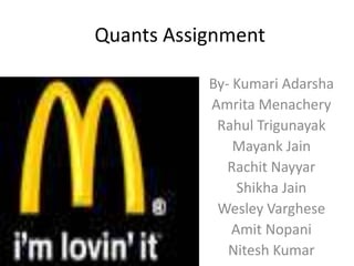 Quants Assignment By- KumariAdarsha Amrita Menachery Rahul Trigunayak Mayank Jain Rachit Nayyar Shikha Jain Wesley Varghese Amit Nopani Nitesh Kumar 