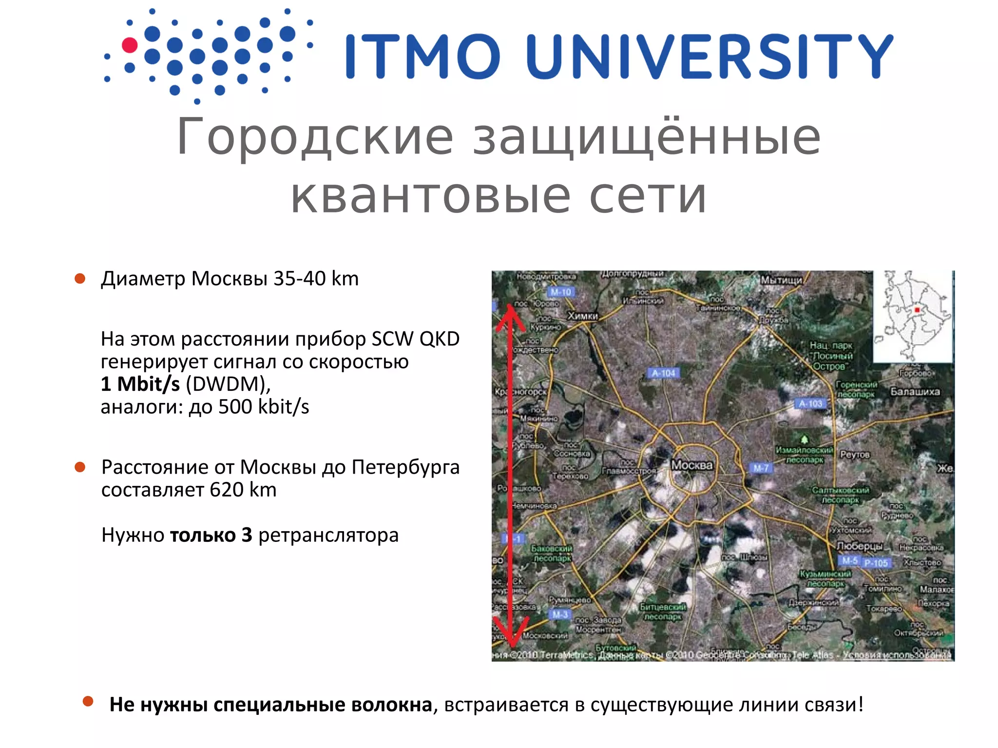 Городские защищённые
квантовые сети
 Диаметр Москвы 35-40 km
На этом расстоянии прибор SCW QKD
генерирует сигнал со скоростью
1 Mbit/s (DWDM),
аналоги: до 500 kbit/s
 Расстояние от Москвы до Петербурга
составляет 620 km
Нужно только 3 ретранслятора
 Не нужны специальные волокна, встраивается в существующие линии связи!
 