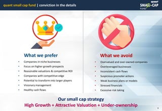 © quant
quant small cap fund | conviction in the details
6
• Companies in niche businesses
• Focus on higher growth prospects
• Reasonable valuations & competitive ROI
• Companies with competitive edge
• Potential to transform into larger players
• Visionary management
• Healthy cash flows
What we prefer
• Overvalued and over-owned companies
• Overleveraged businesses
• Inconsistent cash flows
• Suspicious promoter actions
• Weak business plans or models
• Stressed financials
• Excessive risk taking
What we avoid
Our small cap strategy
High Growth + Attractive Valuation + Under-ownership
 