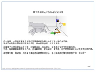21/91
Ref: https://zh.wikipedia.org/wiki/%E8%96%9B%E5%AE%9A%E8%B0%94%E7%8C%AB
把一隻貓、一個裝有氰化氫氣體的玻璃燒瓶和放射性物質放進封閉的盒子裏。
當盒子內的監控器偵測到衰變粒子時，就會打破燒瓶，殺死這隻貓。
根據量子力學的哥本哈根詮釋，在實驗進行一段時間後，貓會處於又活又死的疊加態。
可是，假若實驗者觀察盒子內部，他會觀察到一隻活貓或一隻死貓，而不是同時處於活狀態與死狀態的貓。
這事實引起一個謎題：到底量子疊加是在甚麼時候終止，並且塌縮成兩種可能狀態中的一種狀態？
薛丁格貓 (double-slit experiment)Schr dinger's Cat)ödinger's Cat)
 