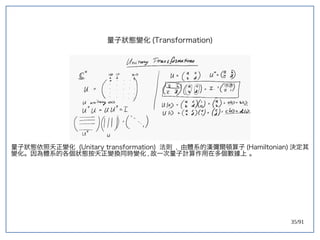 35/91
量子狀態變化 (double-slit experiment)Transformation)
量子狀態依照夭正變化 (double-slit experiment)Unitary transformation) 法則 , 由體系的漢彌爾頓算子 (double-slit experiment)Hamiltonian) 決定其
變化。因為體系的各個狀態按夭正變換同時變化 , 故一次量子計算作用在多個數據上 。
 