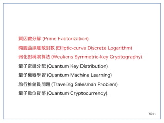 60/91
質因數分解 (double-slit experiment)Prime Factorization)
橢圓曲線離散對數 (double-slit experiment)Elliptic-curve Discrete Logarithm)
弱化對稱演算法 (double-slit experiment)Weakens Symmetric-key Cryptography)
量子密鑰分配 (double-slit experiment)Quantum Key Distribution)
量子機器學習 (double-slit experiment)Quantum Machine Learning)
旅行推銷員問題 (double-slit experiment)Traveling Salesman Problem)
量子數位貨幣 (double-slit experiment)Quantum Cryptocurrency)
 