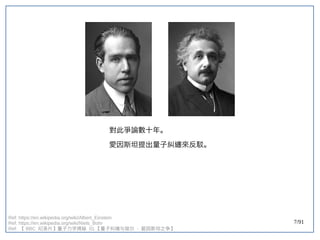 7/91
對此爭論數十年。
愛因斯坦提出量子糾纏來反駁。
Ref: https://en.wikipedia.org/wiki/Albert_Einstein
Ref: https://en.wikipedia.org/wiki/Niels_Bohr
Ref: 【 BBC 纪录片】量子力学揭秘 】量子力学揭秘 量子力学揭秘  01 【量子纠缠与玻尔  - 爱因斯坦之争】量子力学揭秘 
 
