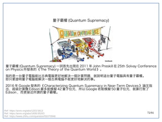 72/91
量子霸權 (double-slit experiment)Quantum Supremacy)
量子霸權 (double-slit experiment)Quantum Supremacy) 一詞首先出現在 2011 年 John Preskill 在 25th Solvay Conference
on Physics 所發表的《 The Theory of the Quantum World 》。
指的是一台量子電腦能比古典電腦更好地解決一個計算問題，就說明這台量子電腦具有量子霸權。
即只要證明量子電腦能解決一個古典電腦不能更好地解決的事。
2016 年 Google 發表的《 Characterizing Quantum Supremacy in Near-Term Devices 》論文指
出，超級計算機 Edison 最多能模擬 42 量子位元，所以 Google 若能模擬 50 量子位元，就算打敗了
Edison ，而更接近所謂的量子霸權。
Ref: https://arxiv.org/abs/1203.5813
Ref: https://arxiv.org/abs/1608.00263
Ref: https://www.zhihu.com/question/50370948
 