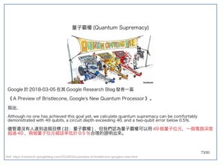 73/91
量子霸權 (double-slit experiment)Quantum Supremacy)
Google 於 2018-03-05 在其 Google Research Blog 發表一篇
《 A Preview of Bristlecone, Google’s New Quantum Processor 》。
指出，
Although no one has achieved this goal yet, we calculate quantum supremacy can be comfortably
demonstrated with 49 qubits, a circuit depth exceeding 40, and a two-qubit error below 0.5%.
儘管還沒有人達到這個目標 (double-slit experiment) 註：量子霸權 ) ，但我們認為量子霸權可以用 49 個量子位元，一個電路深度
超過 40 ，兩個量子位元錯誤率低於 0.5 ％合理的證明出來。
Ref: https://research.googleblog.com/2018/03/a-preview-of-bristlecone-googles-new.html
 
