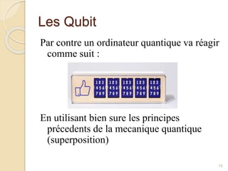 Les Qubit
Par contre un ordinateur quantique va réagir
comme suit :
En utilisant bien sure les principes
précedents de la mecanique quantique
(superposition)
19
 