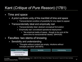 9 Jul 2022
Quantum-Classical Reality
Kant (Critique of Pure Reason) (1781)
30
 Time and space
 A priori synthetic unity ...