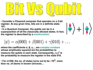 Bit Vs Qubit Consider a Classical computer that operates on a 3-bit register. At any given time, bits are in a definite state- 101. In a Quantum Computer, the qubits can be in a superposition of all the classically allowed states.  In fact, the register is described by a  wavefunction : where the coefficients α, β, γ,... are  complex numbers  whose amplitudes squared are the probabilities to measure the qubits in each state. Consequently, | γ | 2  is the probability to measure the register in the state 010.   For n=300, the no. of states turns out to be ~10 90 , more than no. of atoms in known Universe… 