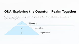 Q&A: Exploring the Quantum Realm Together
Quantum computing holds immense promise. It also presents significant challenges. Let's discuss your questions and
explore this exciting field.
1 Discovery
2 Innovation
3 Exploration
 