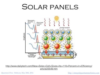 http://timeandquantummechanics.comQuantum Dots - Balticon, May 28th, 2016
Solar panels
http://www.dailytech.com/New+Solar+Cell+Gives+Its+110+Percent+in+Efﬁciency/
article23548.htm
 